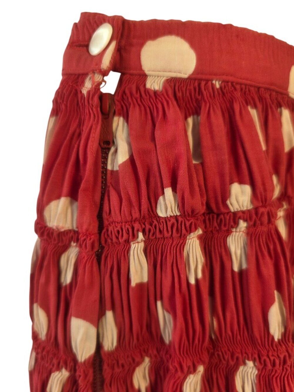 Vintage Red Polka Dot Prairie Skirt Sz XXS 22” Waist Boho Cottagecore Midi Skirt - Picture 6 of 12